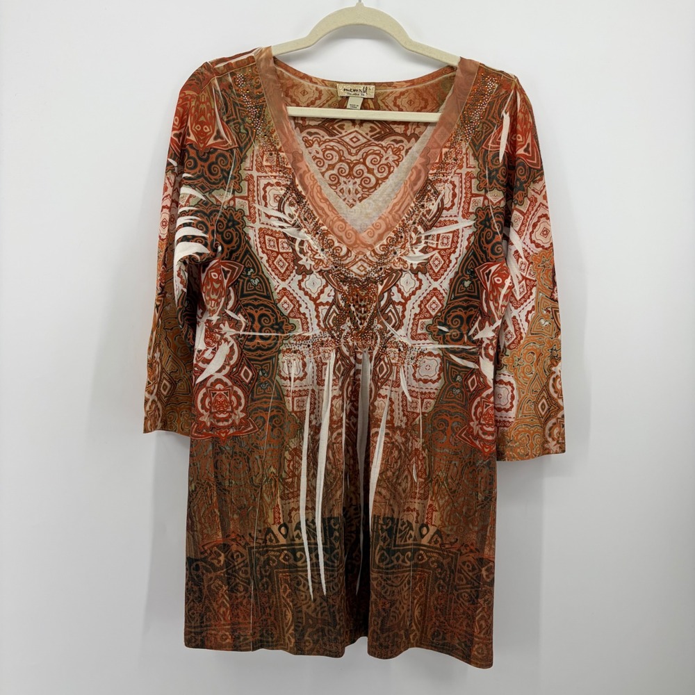 One World Womens Large Orange Paisley Tunic Embellished V-Neck 3/4 Sleeve Top